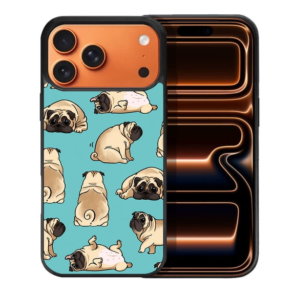 WIRESTER Shockproof Soft Rubber Cover Case for Apple iPhone 17 Pro Max 6.9" 2025, Pug Funny Playful Postures Teal