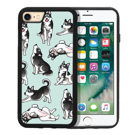 WIRESTER Shockproof Soft Rubber Cover Case for Apple iPhone 7/8 4.7", Siberian Husky Funny Playful Postures On Aero Blue Background