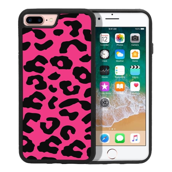 WIRESTER Shockproof Soft Rubber Cover Case for Apple iPhone 7/8 Plus 5.5", Black/Hot Pink Leopard