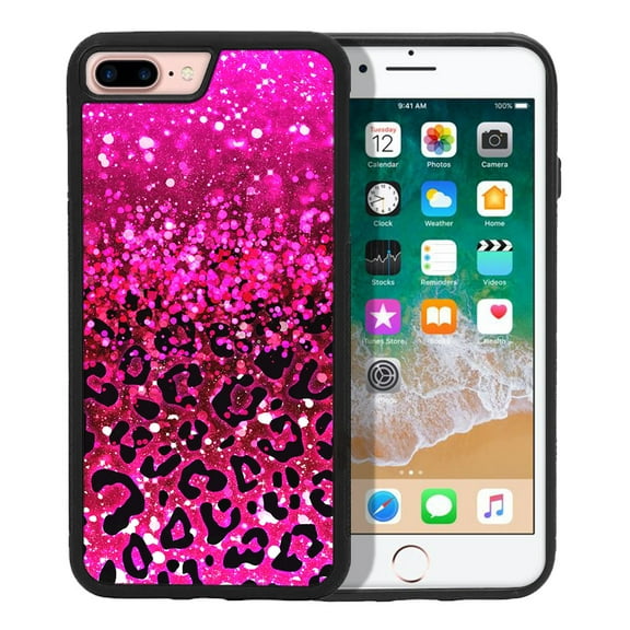 WIRESTER Shockproof Soft Rubber Cover Case for Apple iPhone 7/8 Plus 5.5", Hot Pink Glitter Sparkle With Black Pink Glitter Leopard