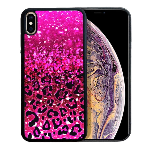WIRESTER Shockproof Soft Rubber Cover Case for Apple iPhone X, Hot Pink Glitter Sparkle With Black Pink Glitter Leopard