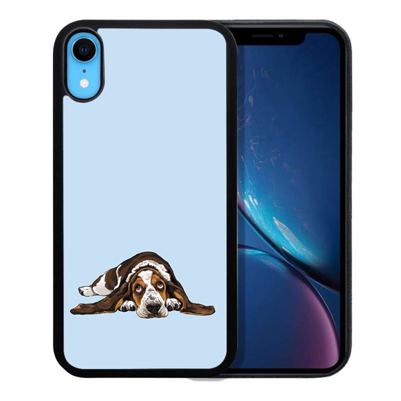 WIRESTER Shockproof Soft Rubber Cover Case for Apple iPhone XR 6.1", Basset Hound Dog Lying Down Looking Up On Light Blue Background