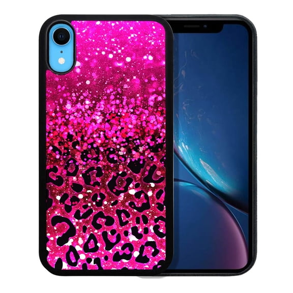 WIRESTER Shockproof Soft Rubber Cover Case for Apple iPhone XR 6.1", Hot Pink Glitter Sparkle With Black Pink Glitter Leopard