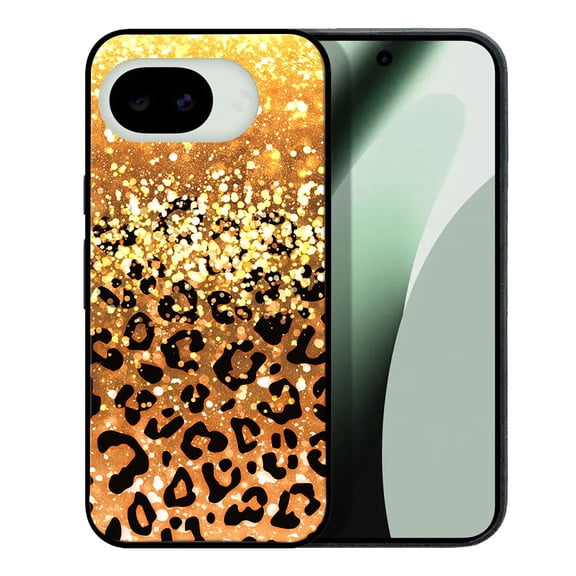 WIRESTER Shockproof Soft Rubber Cover Case for Google Pixel 10a 6.3" 2026, Gold Glitter Sparkle With Black Yellow Glitter Leopard