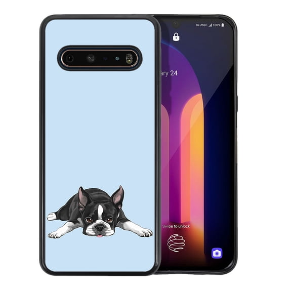 WIRESTER Shockproof Soft Rubber Cover Case for LG V60 ThinQ 6.8", Boston Terrier Dog Lying Down Looking Up On Light Blue Background