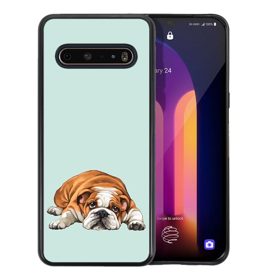 WIRESTER Shockproof Soft Rubber Cover Case for LG V60 ThinQ 6.8", English Bulldog Dog Lying Down Looking Up On Aero Blue Background
