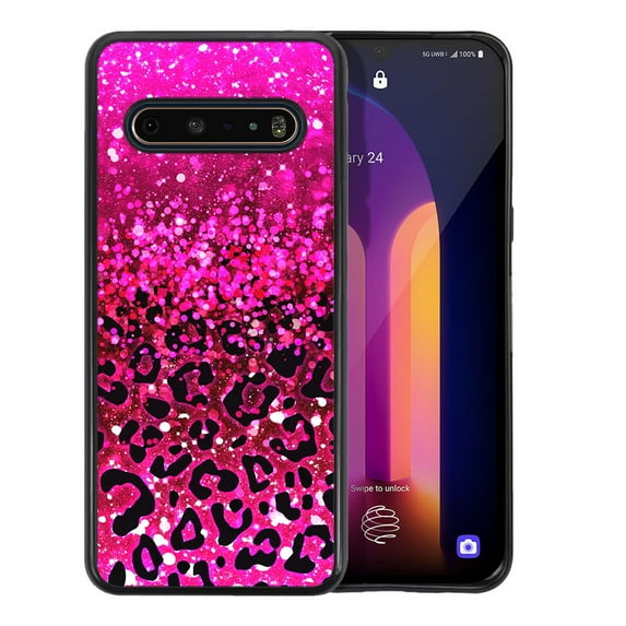 WIRESTER Shockproof Soft Rubber Cover Case for LG V60 ThinQ 6.8", Hot Pink Glitter Sparkle With Black Pink Glitter Leopard