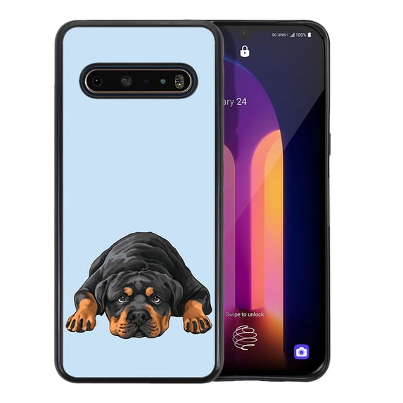 WIRESTER Shockproof Soft Rubber Cover Case for LG V60 ThinQ 6.8", Rottweiler Dog Lying Down Looking Up On Light Blue Background