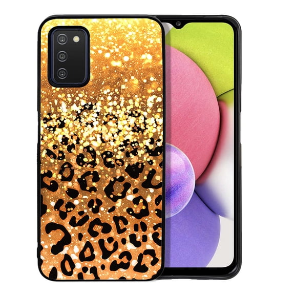 WIRESTER Shockproof Soft Rubber Cover Case for Samsung Galaxy A03S 4G LTE (Not 5G) 6.5" 2021, Gold Glitter Sparkle With Black Yellow Glitter Leopard