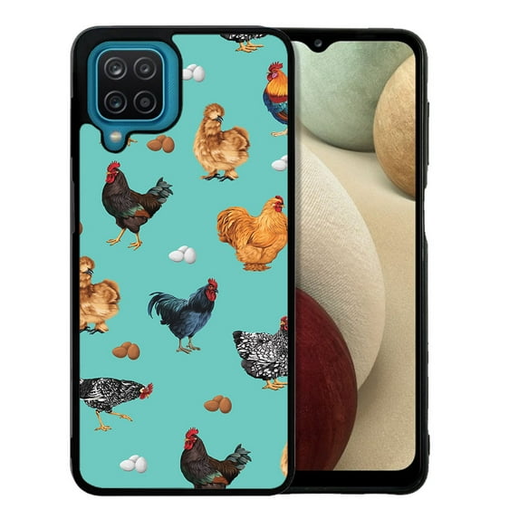 WIRESTER Shockproof Soft Rubber Cover Case for Samsung Galaxy A12 A125 5G 6.5" 2020, Barnyard Chicken Roosters Teal Background