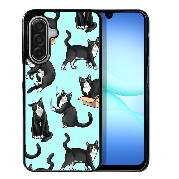 WIRESTER Shockproof Soft Rubber Cover Case for Samsung Galaxy A17 5G 6.7" 2025, Black White Tuxedo Cat Playful Postures On Teal