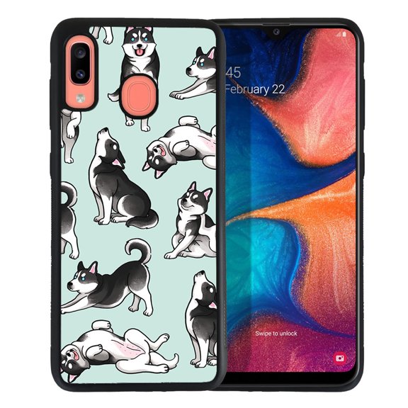 WIRESTER Shockproof Soft Rubber Cover Case for Samsung Galaxy A20 / A30 6.4" 2019, Siberian Husky Funny Playful Postures On Aero Blue Background