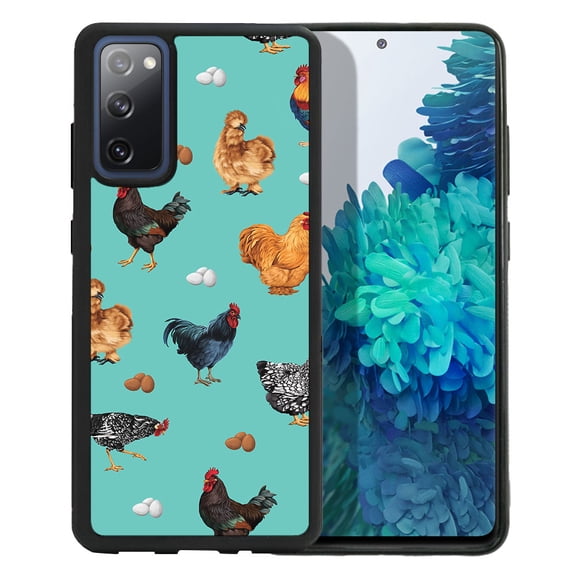WIRESTER Shockproof Soft Rubber Cover Case for Samsung Galaxy S20 FE 6.5" 2020, Barnyard Chicken Roosters Teal Background