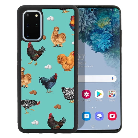 WIRESTER Shockproof Soft Rubber Cover Case for Samsung Galaxy S20+ Plus 6.7" 2020, Barnyard Chicken Roosters Teal Background