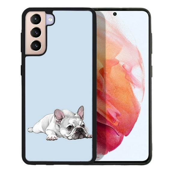 WIRESTER Shockproof Soft Rubber Cover Case for Samsung Galaxy S21 6.2" 2021, French Bulldog Dog Lying Down Looking Up On Pale Aqua Background