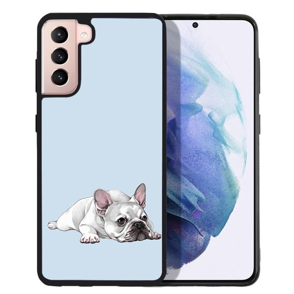 WIRESTER Shockproof Soft Rubber Cover Case for Samsung Galaxy S21+ Plus 6.7" 2021, French Bulldog Dog Lying Down Looking Up On Pale Aqua Background