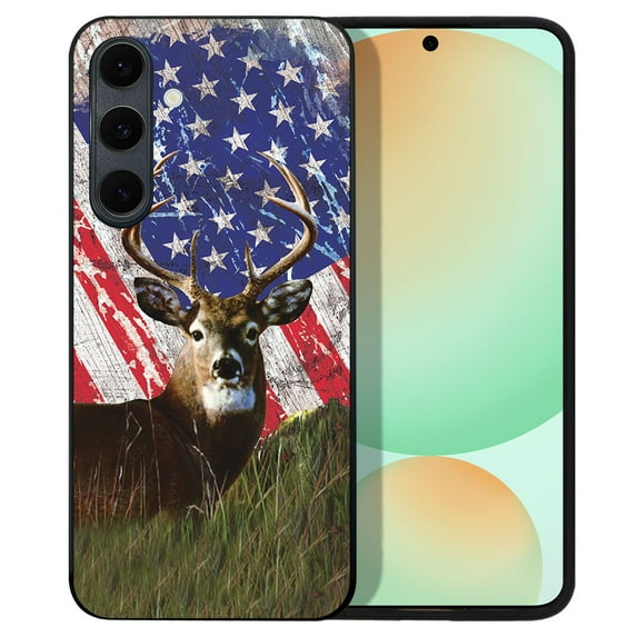 WIRESTER Shockproof Soft Rubber Cover Case for Samsung Galaxy S24 FE 6.7", Vintage American USA Flag Deer