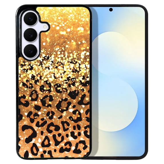 WIRESTER Shockproof Soft Rubber Cover Case for Samsung Galaxy S25 FE 5G 6.7" 2025, Gold Glitter Sparkle With Black Yellow Glitter Leopard