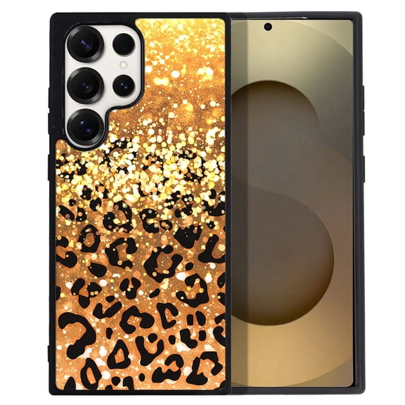 WIRESTER Shockproof Soft Rubber Cover Case for Samsung Galaxy S25 Ultra 6.8" 2025, Gold Glitter Sparkle With Black Yellow Glitter Leopard