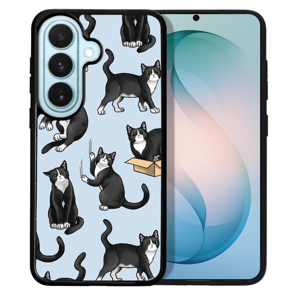 WIRESTER Shockproof Soft Rubber Cover Case for Samsung Galaxy S26 6.3" 2026, Black White Tuxedo Cat Playful Postures On Pale Aqua Background