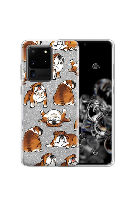 Silver Glitter Case, Sparkle Bling TPU Cover for Samsung Galaxy S20 Ultra 6.9" 2020 (NOT FIT Samsung Galaxy S20/Galaxy S20+ Plus/Galaxy S20 FE 2020), English Bulldog Funny Playful Postures