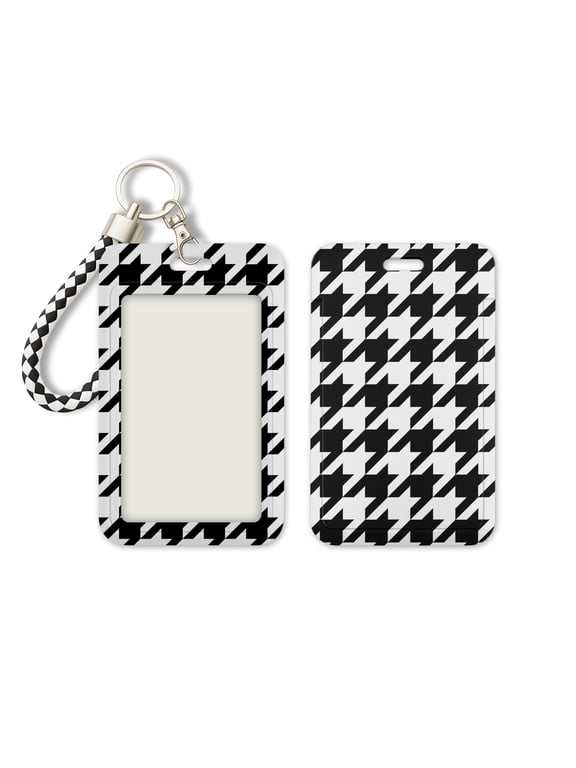 Slide-Open ID Badge Holder Keychain, Hard Plastic Card Case with Clear Window for ID, Credit Card, Bus Pass & Photo – Black Houndstooth