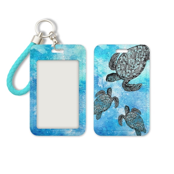 WIRESTER Slide-Open ID Badge Holder Keychain, Hard Plastic Card Case with Clear Window for ID, Credit Card, Bus Pass & Photo – Ocean Sea Turtles