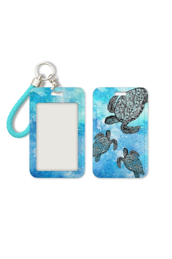 Slide-Open ID Badge Holder Keychain, Hard Plastic Card Case with Clear Window for ID, Credit Card, Bus Pass & Photo – Ocean Sea Turtles