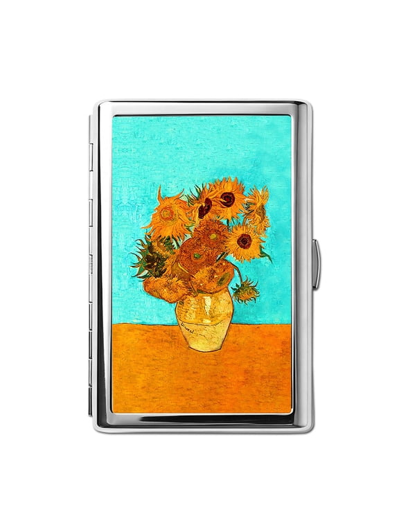 Slim Metal Wallet Cash Card Holder with Snap Closure, Cigarette Case for Women Men, Credit ID Business Card Holder, Sunflowers Vincent Willem Van Gogh