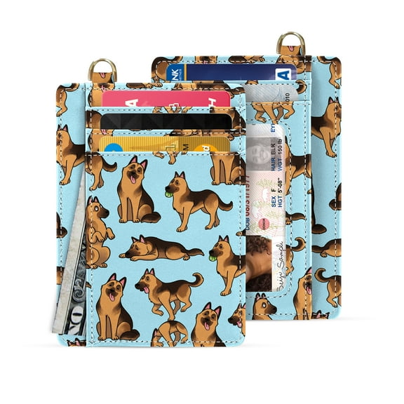WIRESTER Slim Minimalist Wallet, RFID Blocking Credit Card Holder Leather Wallet with Zipper Pocket for Men Women - German Shepherd Funny Playful Postures Lt Blue BG