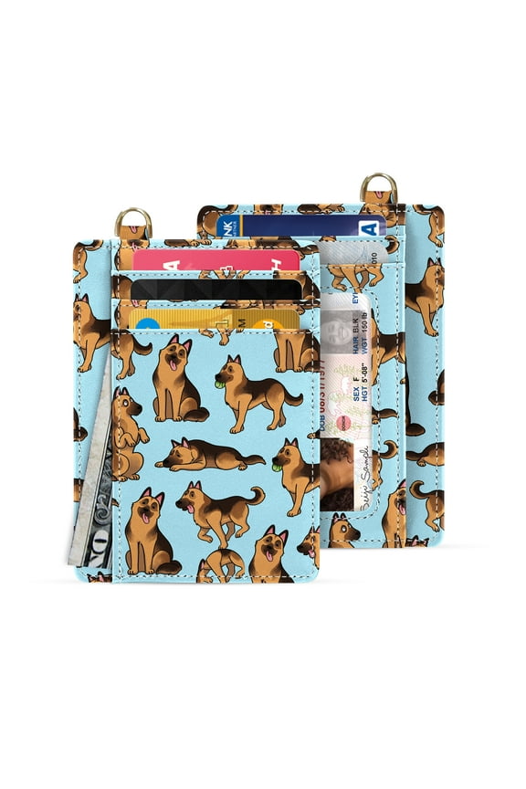 Slim Minimalist Wallet, RFID Blocking Credit Card Holder Leather Wallet with Zipper Pocket for Men Women - German Shepherd Funny Playful Postures Lt Blue BG