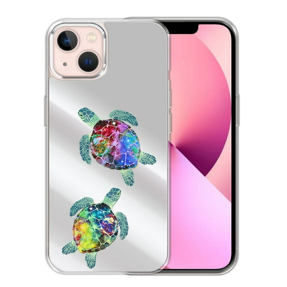 WIRESTER Stylish Mirror Back Case for Women, Slim & Shockproof Phone Cover Compatible with Apple iPhone 13 6.1" 2021 - Sea Turtles Family