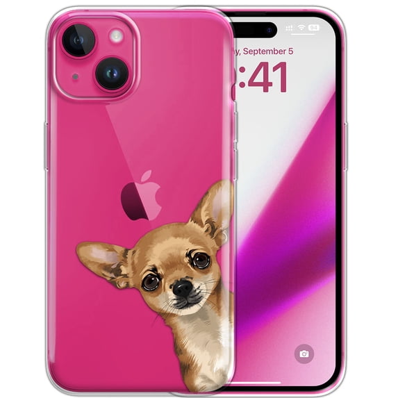 WIRESTER Transparent Soft Gel TPU Clear Case Slim Protective Cover Phone Case for Apple iPhone 15 6.1" 2023 (NOT FIT Apple iPhone 15 Plus 6.7" 2023) - Fawn Apple Head Chihuahua Dog Look For You