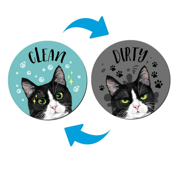 WIRESTER Waterproof Dishwasher Magnet Clean Dirty Sign Double Sided Magnet Refrigerator Magnet - Black White Tuxedo Cat