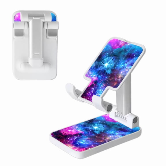 WIRESTER White Foldable Phone Stand for Desk, Adjustable Portable Cell Phone Holder for iPhone 17, 16, 15, 14 and Android Smartphones - Celestial Blue Purple Galaxy