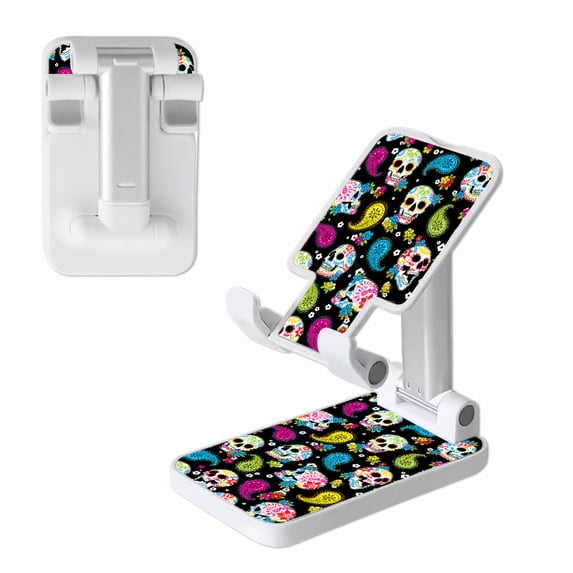 WIRESTER White Foldable Phone Stand for Desk, Adjustable Portable Cell Phone Holder for iPhone 17, 16, 15, 14 and Android Smartphones - Colorful Sugar Skulls