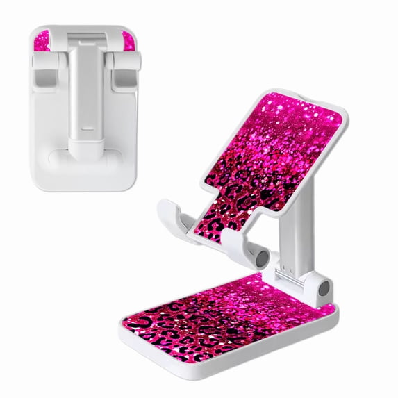 WIRESTER White Foldable Phone Stand for Desk, Adjustable Portable Cell Phone Holder for iPhone 17, 16, 15, 14 and Android Smartphones - Hot Pink Glitter Sparkle With Black Pink Glitter Leopard
