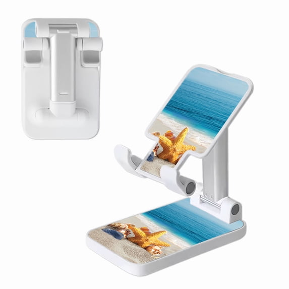 WIRESTER White Foldable Phone Stand for Desk, Adjustable Portable Cell Phone Holder for iPhone 17, 16, 15, 14 and Android Smartphones - Seashells On The Beach