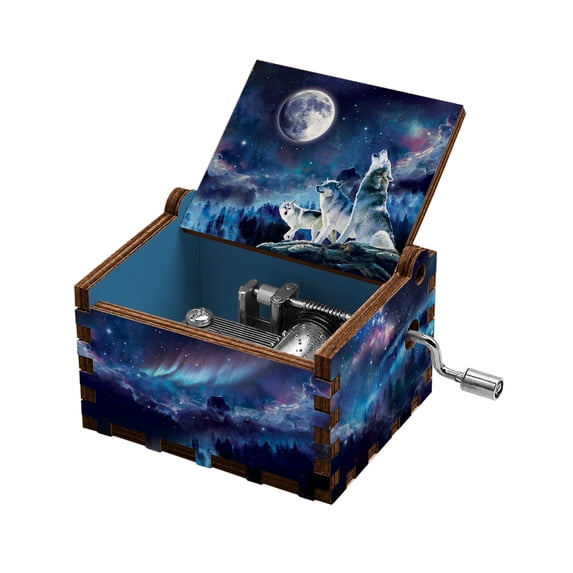 WIRESTER Wooden Hand Crank Music Box, Musical Gift for Women, Birthday, Anniversary, Christmas & Mother's Day - Wolf Howl Under Moonlight