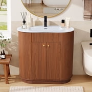 WIRRYTOR 35" Modern Bathroom Vanity with Sink and Faucet, Oval Fluted Freestanding Bathroom Cabinet with Soft-Close Doors and Storage Shelf, Walnut