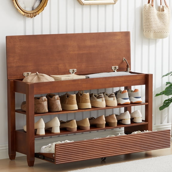 WIRRYTOR 42.5" Modern Solid Wood Shoe Storage Bench, 3-Tier Fluted Entryway Bench with Flip Top Storage and Bottom Drawer, Walnut Shoe Rack Bench