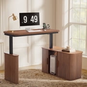 WIRRYTOR 47" Mid-Century Modern L-Shaped Electric Standing Desk with Storage, Home Office Adjustable Height Corner Desk with Sliding Door, Walnut