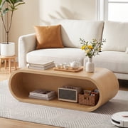WIRRYTOR 47" Mid-Century Modern Oval Coffee Table with Storage, Curved Natural Center Table, 2-Tier Wooden Tea Table Cocktail Table for Living Room