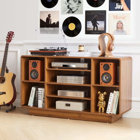 WIRRYTOR 47" Vinyl Record Storage Cabinet, Curved Edge Record Player Stand with 4 Adjustable Shelves, Large Turntable Stand Media Console, Walnut