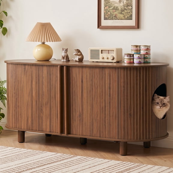 WIRRYTOR 51" Cat Litter Box Enclosure for 2 Cats, Mid-Century Hidden Litter Box TV Stand with Tambour Sliding Door and Curved Edges, Walnut