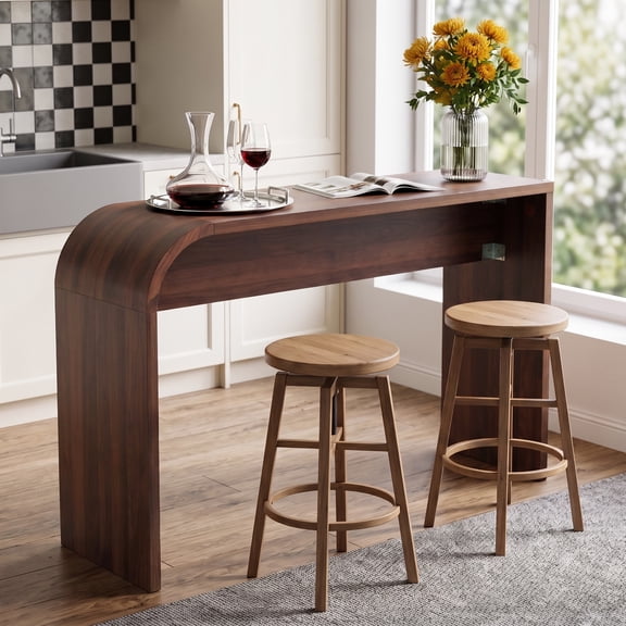 WIRRYTOR 55" Modern Waterfall Bar Table, 35.4" Tall Counter Height Console Table Behind Couch, Multipurpose Narrow Kitchen Pub Table and Desk, Walnut