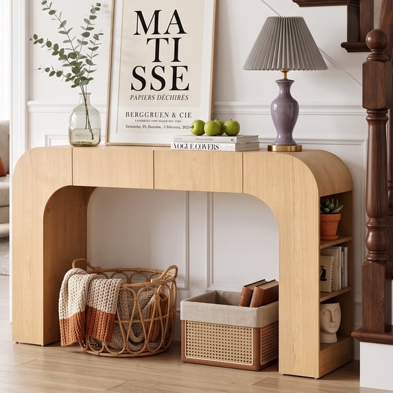 WIRRYTOR 56"L Waterfall Console Table for Entryway, Modern Natural Entry Table with Drawer and Side Storage, Narrow Living Room Behind Sofa Table