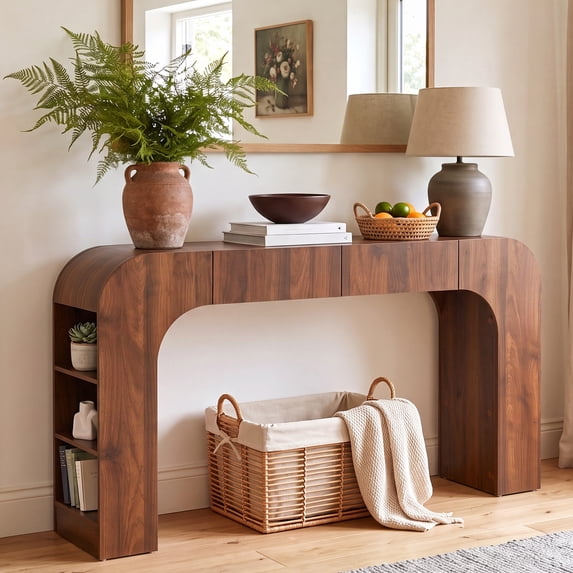 WIRRYTOR 56"L Waterfall Console Table for Entryway, Modern Walnut Entry Table with Drawer and Side Storage, Narrow Living Room Behind Sofa Table
