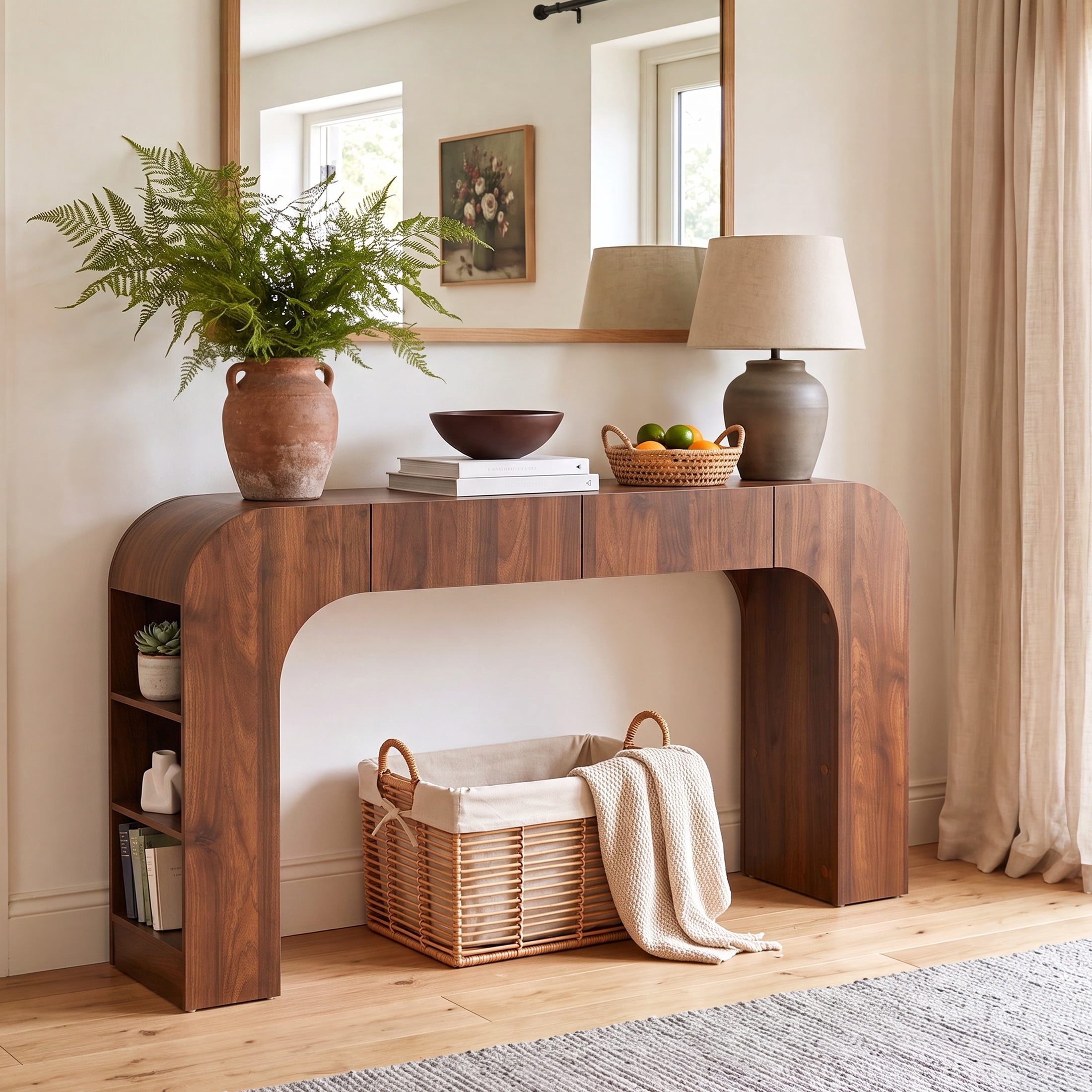 Wood Walnut Console Table with Door, 2-Tier Modern Sofa Table for