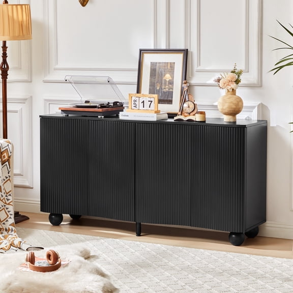 WIRRYTOR 57" Curved Fluted Kitchen Sideboard Buffet Cabinet, Mid-Century Modern Credenza with Solid Ball Legs for Dining Room Living Room, Black